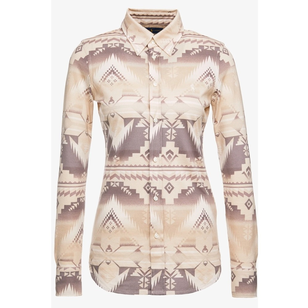 Polo Ralph Lauren Women's Knit Oxford‎ Southwestern Button Down Shirt Tan- XL